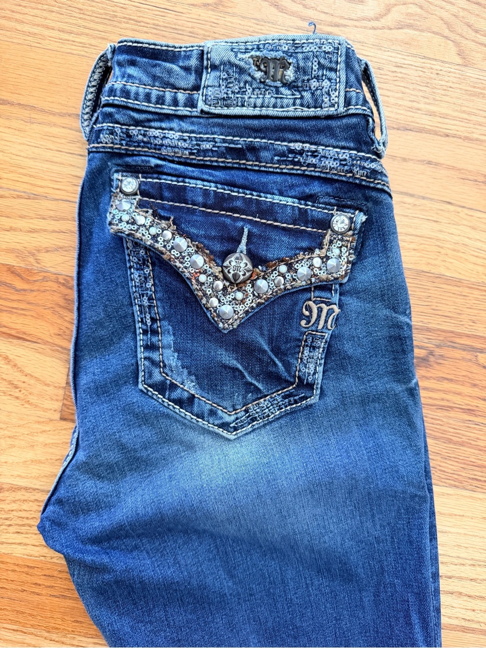 Miss Me Dark Blue Boot Cut Jeans with Rhinestone Embellished Pocket
